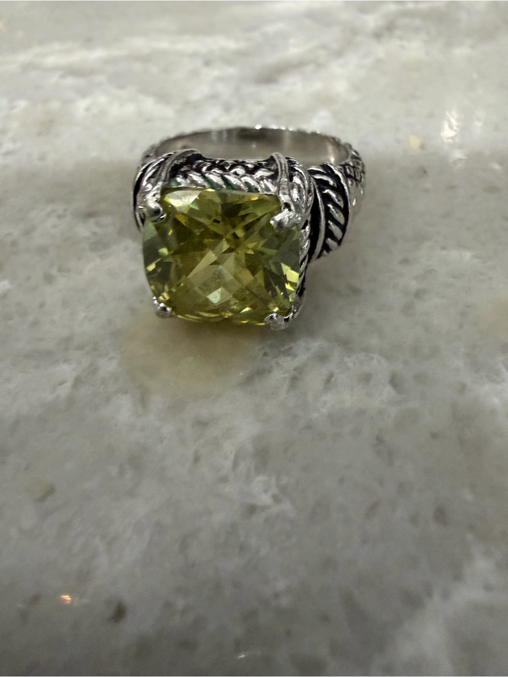 Premier Silver Tone Ring with Large Yellow-Green Cushion Stone